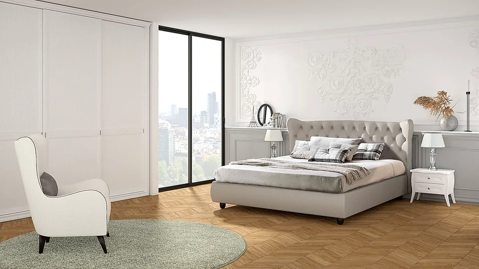 Camera da letto classica contemporanea con letto capitonné e parquet a spina