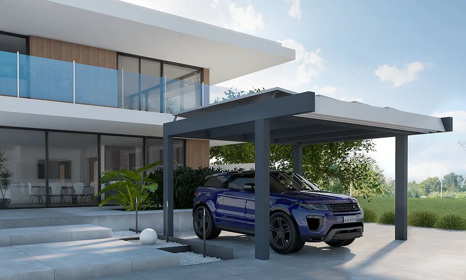 Esterno di villa moderna con carport e auto blu