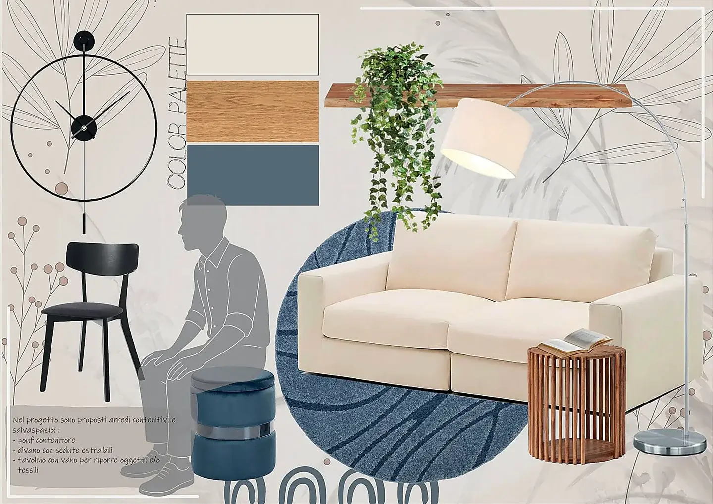 Moodboard di interior design con palette colori, materiali, tessuti e arredi selezionati