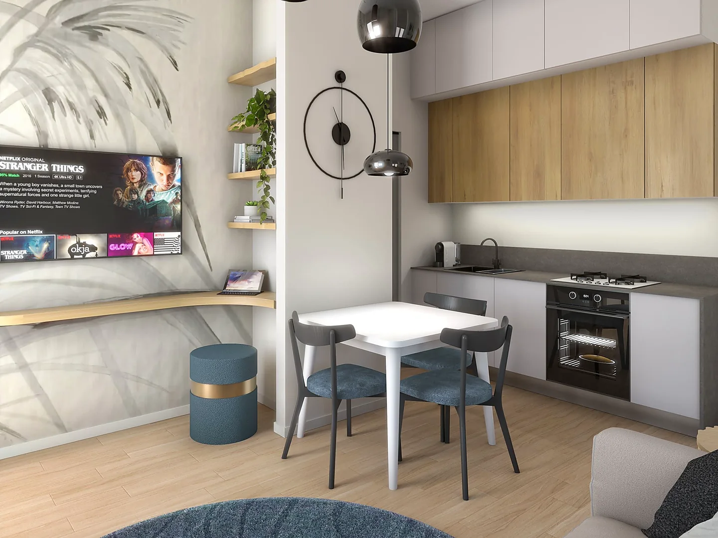 Render fotorealistico di una zona pranzo con cucina su misura progettata da Ylenia Pomodoro